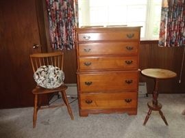 Vintage Italian light fixture - a nice antique chest of drawers and a small lamp table.