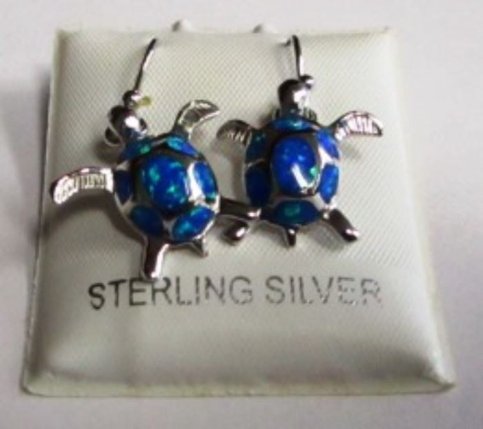 Blue fire opal turtle sterling earrings
