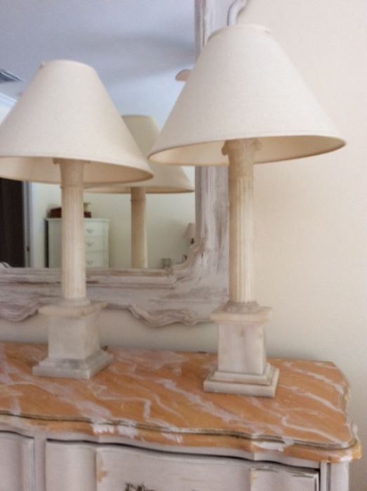 Pair of carrera marble french columns lamps. 