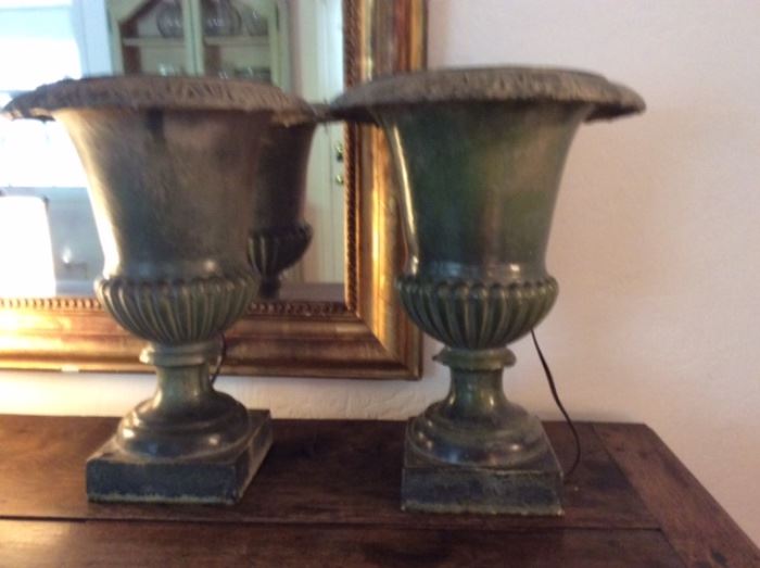 Pair of 19th century green bronze urns made in lamps.