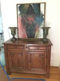 18th century French walnut buffet & Ares Antoyan signed & listed South American artist oil on canvas. Green bronze French urns.