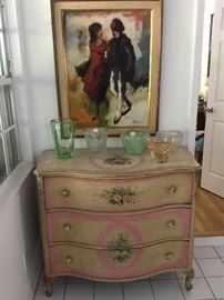 Painted chest drawers, Daum signed bubbled 1960's French glass vases, Jan Rijaardsan listed artist oil on canvas "The Encounter"