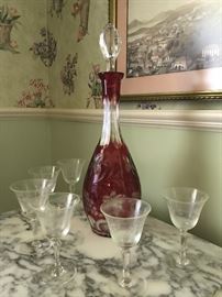 Gorgeous cranberry crystal decanter and glasses