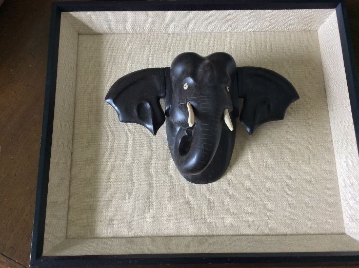 Wood Framed Elephant Bust. 13 1/2" 16".