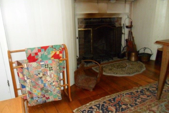 Antique Rugs,Antique Quilt Rack & Quilts, Antique Fireplace Items.