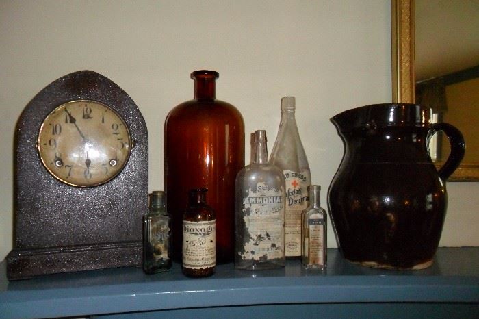 Antique Mantel Clock,Antique Bottles,Antique Stoneware Pitcher.