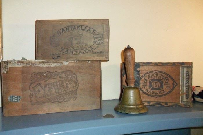 Antique Cigar Boxes,Antique School Bell.