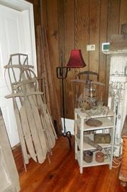 Antique Sleds & smaller antique items. Iron Lamp.
