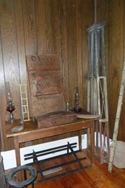 Antique Porch Posts,Antique Table, Neat Old Antique Shipping Crate (Milford,Caroline,Va.) Antique Oil Lamps,Antique Buggy Rack,Antique Wooden Silverware Holder Box,etc...