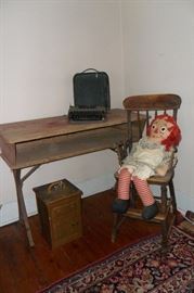 Antique Teachers School Desk,Antique Wooden High Chair.,Antique Child's Wooden Toy Icebox(Salesman Sample?) Antique Typewriter,Large Vintage Raggedy Ann Doll.
