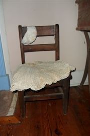 Child's Antique School Chair & Clothing.