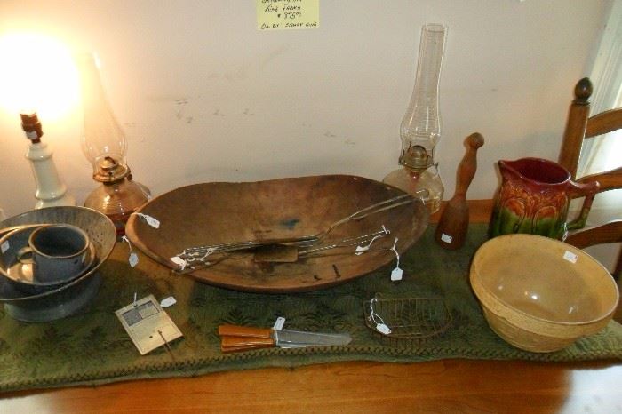 Antique Kitchen Items, Antique Dough Bowl,Enamelware,Stoneware Bowl, Antique Majolica Pitcher,Antique Oil Lamps,etc...