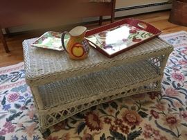 Wicker table, trays and pitcher