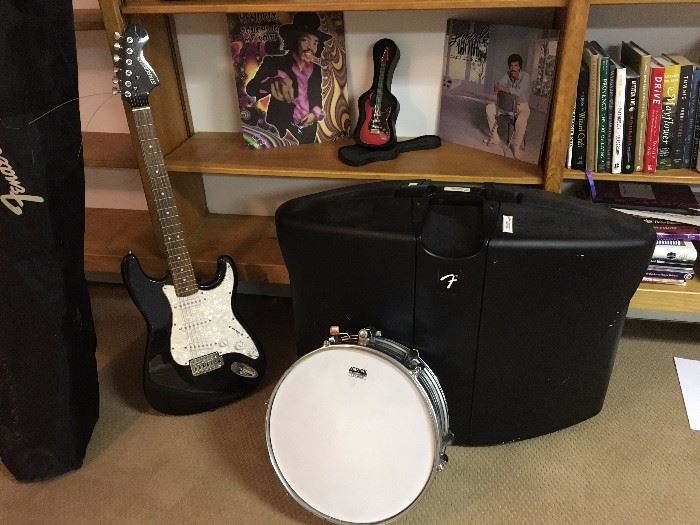 Fender guitar + amp + drum