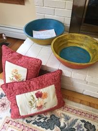 Pottery Barn wooden bowls and pillows