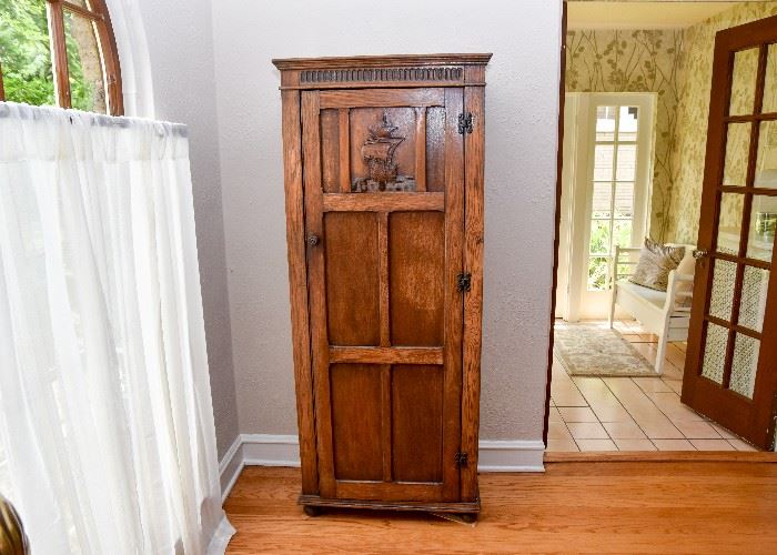 BUY IT NOW!  Lot # 102, Antique Oak Cabinet with Shelves & Ship Carving on Door, $300, (Approx. 28" L x 15.5" W x 67.5" H)