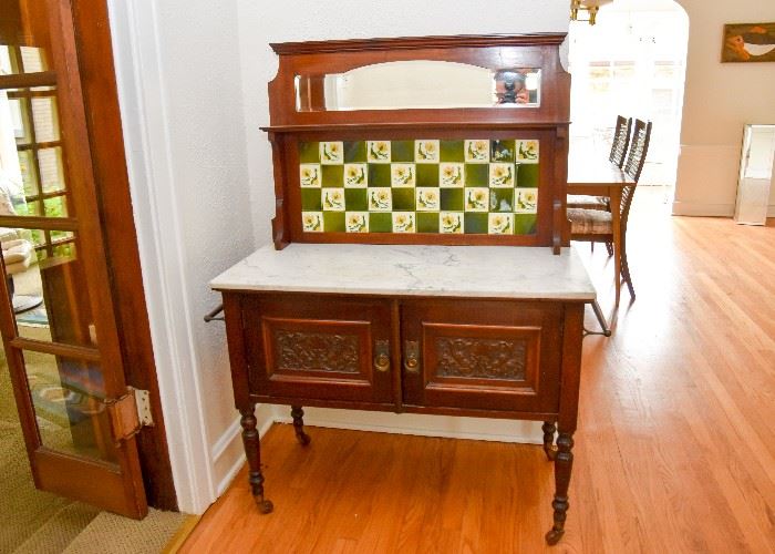 BUY IT NOW!  Lot # 103, Antique Marble Top Baker's Cabinet w/ Tile Back & Mirror, $400, (Approx. 28" L x 15.5" W x 67.5" H)