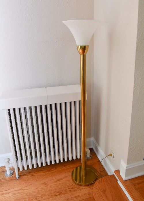Brass Torchiere Floor Lamp w/ Frosted Glass Shade