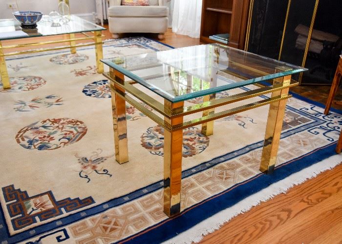 BUY IT NOW!  Lot # 108, Brass End Table with Glass Top, $125. (Approx. 27" L x 23" W x 20.5" H)