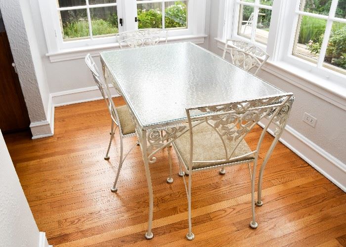 BUY IT NOW!  Lot # 113, White Wrought Iron Dining Table (Glass Top) & 4 Chairs, $300, (Approx. 48" L x 30" W x 28" H)