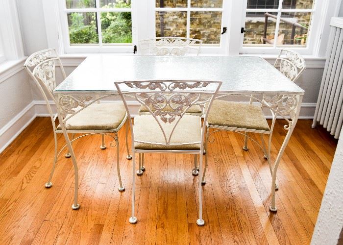 BUY IT NOW!  Lot # 113, White Wrought Iron Dining Table (Glass Top) & 4 Chairs, $300, (Approx. 48" L x 30" W x 28" H)