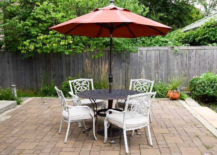 Iron Patio Table, Umbrella, & Chairs