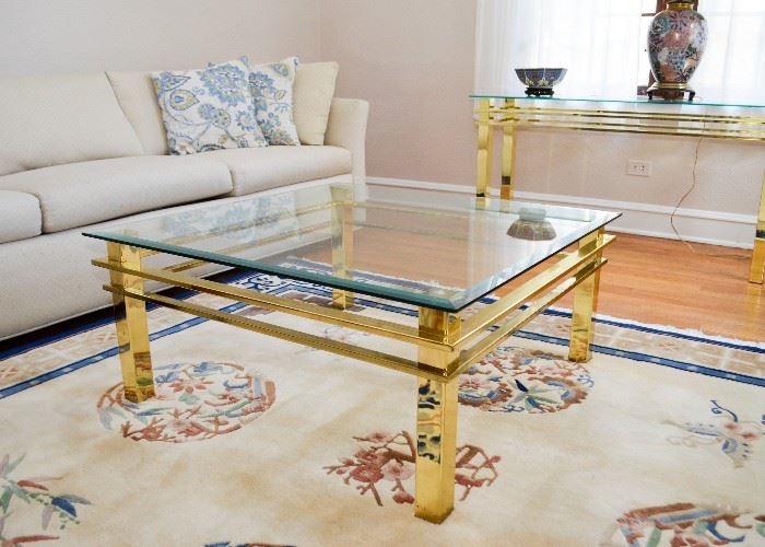 BUY IT NOW!  Lot # 128, Brass Coffee Table with Glass Top, $200, (Approx. 36" Sq W x 15" H)