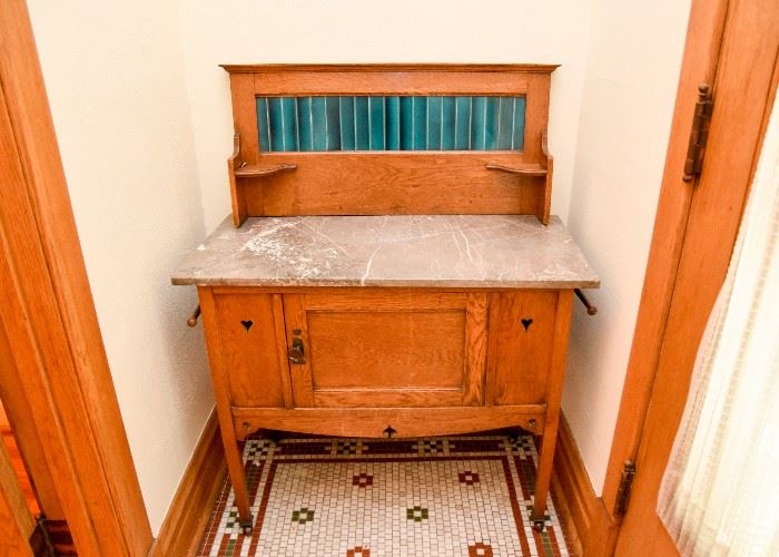 BUY IT NOW!  Lot #102, Antique Oak Baker's Cabinet with Tile Back & Marble Top, $400