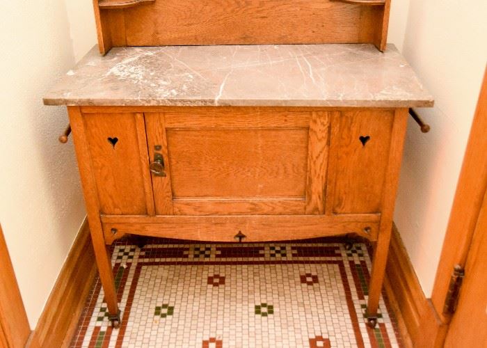 BUY IT NOW!  Lot #102, Antique Oak Baker's Cabinet with Tile Back & Marble Top, $400