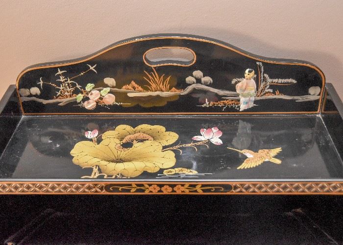 Chinese Inlaid Black Lacquer Shoe Stand (Stone Relief)