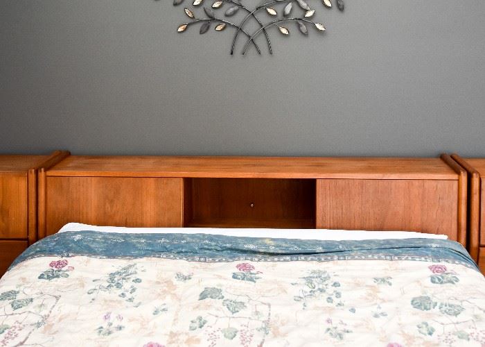 Mid Century Modern Teak Bed Bookcase Headboard & Matching Nightstands