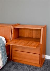 Mid Century Modern Teak Bed Bookcase Headboard & Matching Nightstands