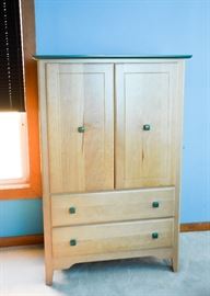 BUY IT NOW!  Lot #110, Light Wood Tone Wardrobe / Chest with Green Painted Knobs & Top, $150