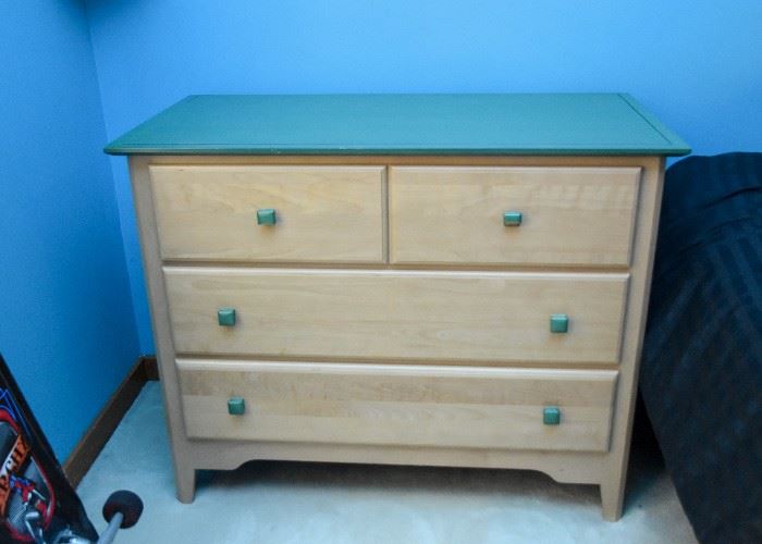 BUY IT NOW!  Lot #111, Light Wood Tone 4-Drawer Chest with Green Painted Knobs & Top, $200