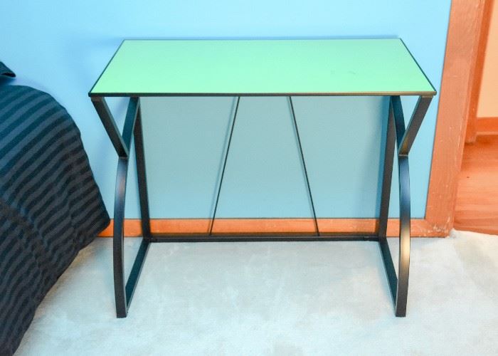 BUY IT NOW!  Lot #112, Metal & Green Tempered Glass Desk, $150
