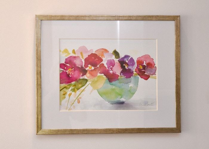Framed Floral Still Life Watercolor Painting, Signed