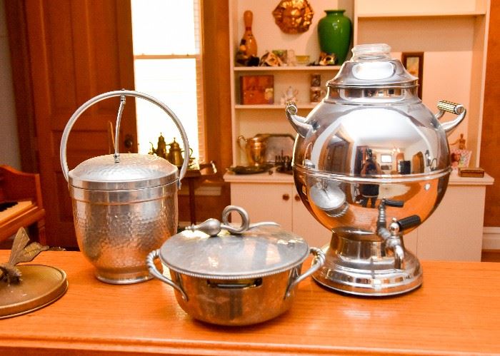 Aluminum Ice Bucket, Casserole, & Chrome Coffee Server