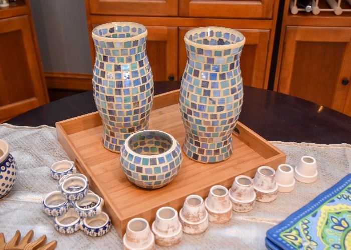 Mosaic Glass Candle Holder & Hurricanes, Napkin Rings, Wood Serving Tray