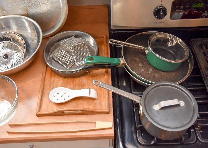 Pots & Pans, Wood Serving Tray, Utensils, Etc.