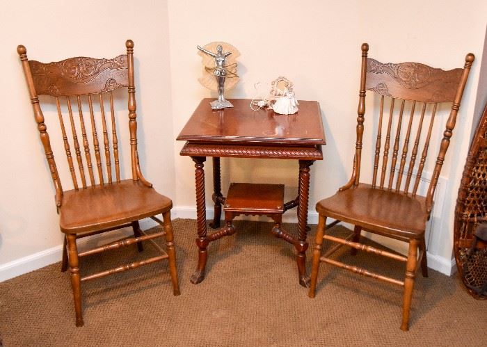 Antique Spindle Chairs (Pair), Parlor Table
