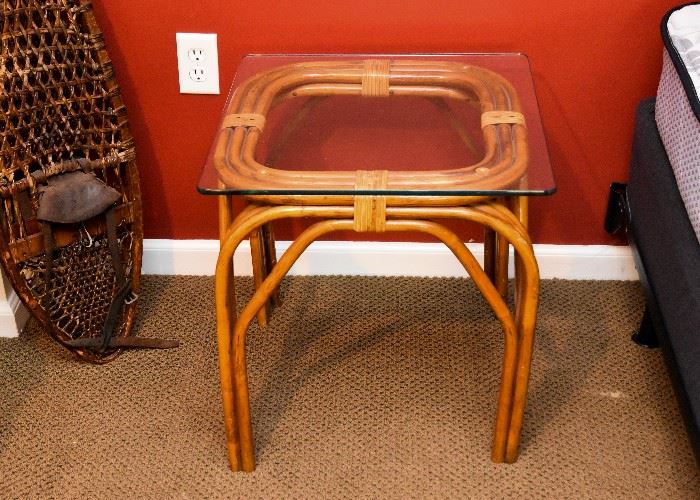 BUY IT NOW!  Lot #114, Bamboo Side Table with Glass Top, $30