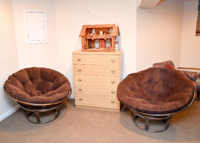 Papasan Chairs with Brown Cushions (2), Vintage Chest of Drawers