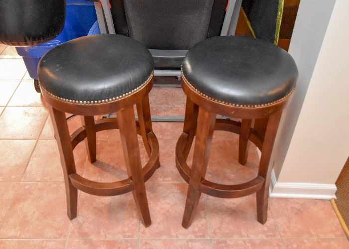 Pair of Wood & Leather Bar Stools with Nailhead Trim