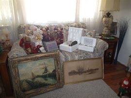 loveseat, artwork engravings, carved Asian table