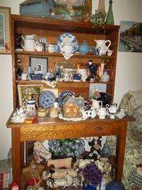 antique oak step back hutch, blue & white items