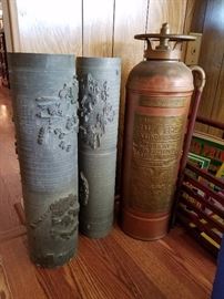 Vintage fire extinguisher and cylinder drums for printing press