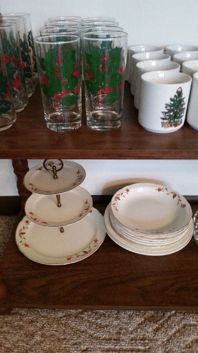 Hall China "Autumn Leaf" pattern, 3-tier tidbit server--SOLD, 6 coupe soups, 3 pie plates.