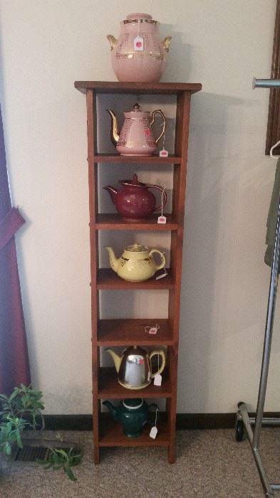 Hall China teapots & biscuit barrel.  Display shelves--SOLD