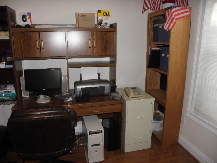 Computer desk, book case, metal file cabinet, printer, handbuilt tower, 2.9g Ram, railroad magazines in yearly binders