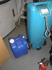 Wheeled water tote and one hand tote, extinguisher
